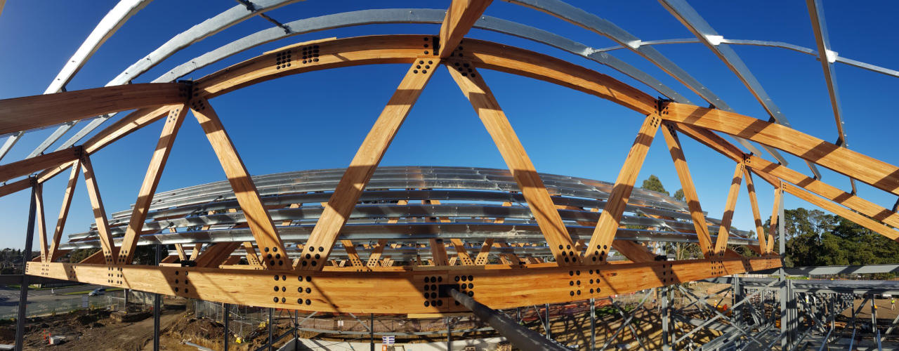 Panorama of large Glulam Mass Timber structure under construction