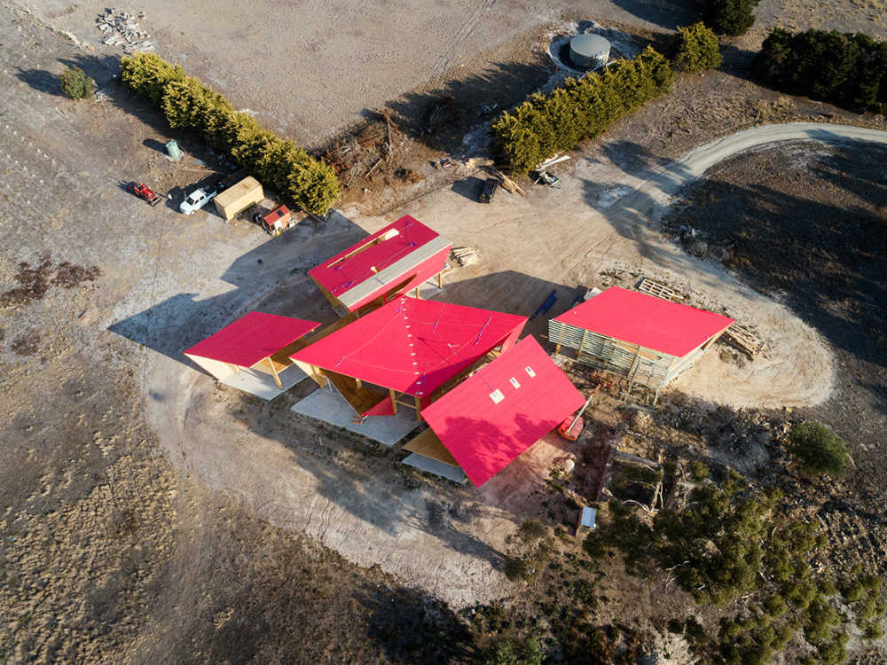 Birds eye view of Ceres CLT and mass timber house, structure is divided into 5 pavilions